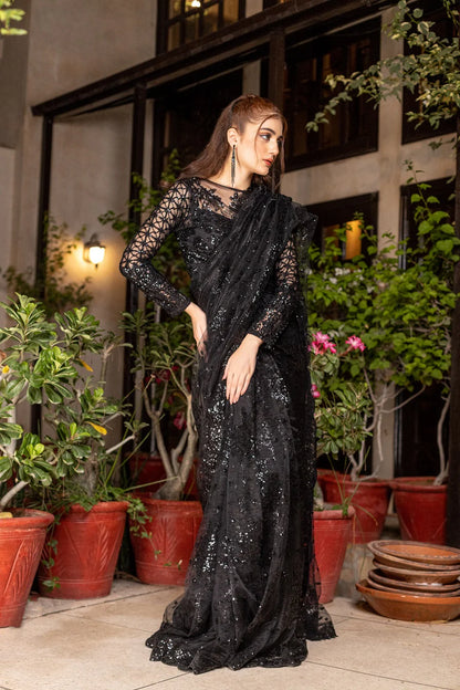 NB-5259 Black Net Embroidered Stitched Saree