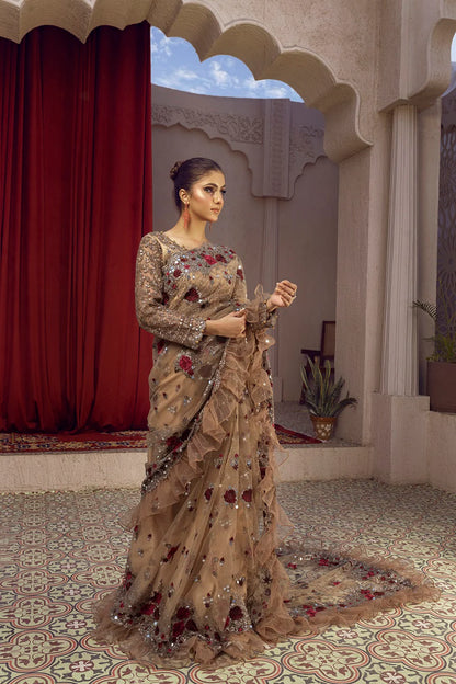 NB-5662 Antique Net Embroidered Stitched Saree