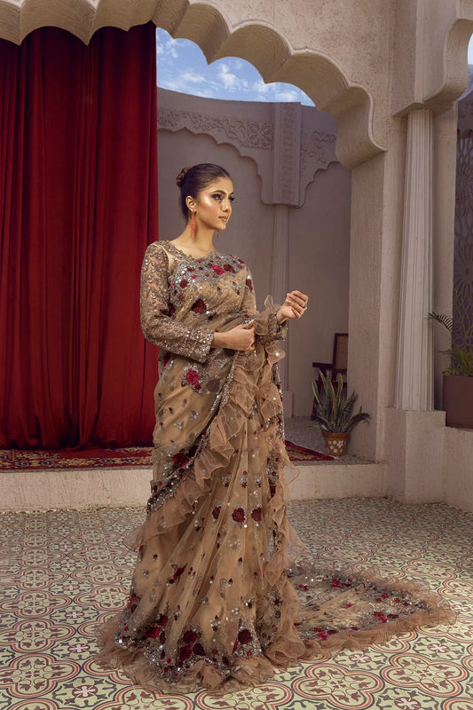NB-5662 Antique Net Embroidered Stitched Saree