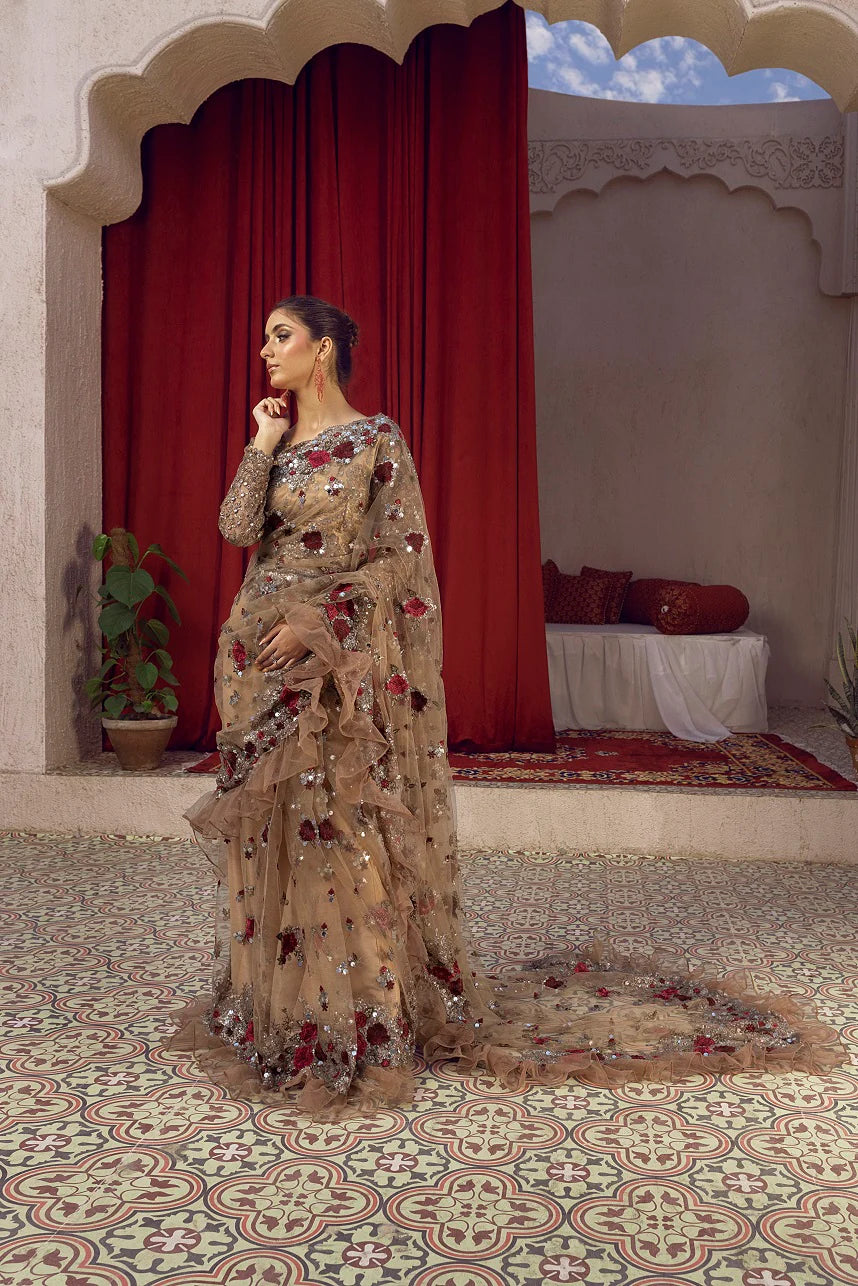 NB-5662 Antique Net Embroidered Stitched Saree