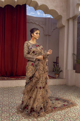 NB-5662 Antique Net Embroidered Stitched Saree