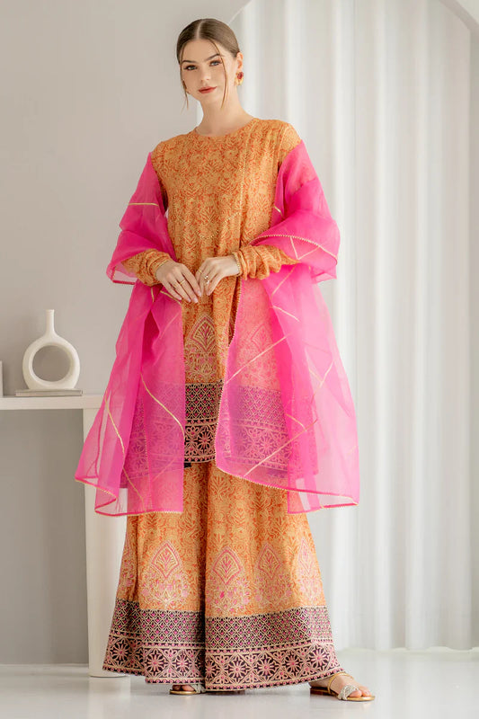 Noori Peach Digital Viscose 3pc Set with Embroidery | Mahaba Studio