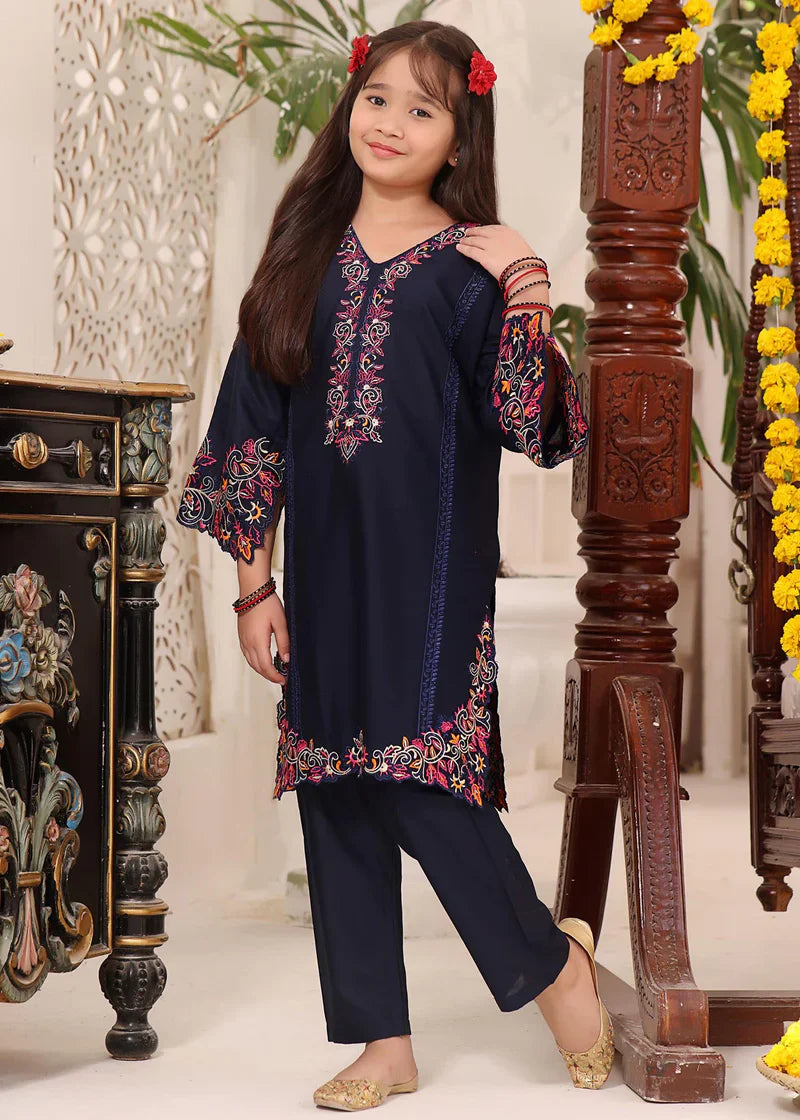 Nova Blue Embroidered Cotton Lawn Kurta Set for Girls | Mahaba Studio