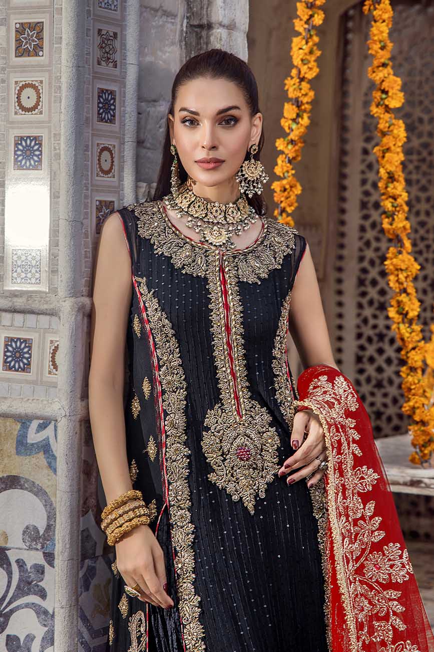 detailed view of Hand Embroidered Shirt with Dupatta and Sharara Lehenga Black