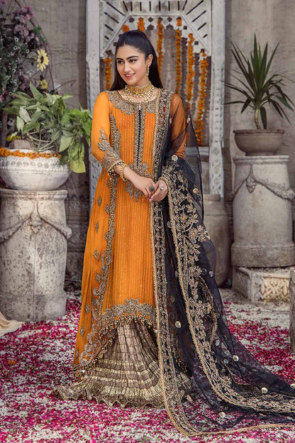 detailed view of Hand Embroidered Shirt with Dupatta and Sharara Lehenga - orange