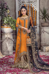 Hand Embroidered Shirt with Dupatta and Sharara Lehenga - Orange