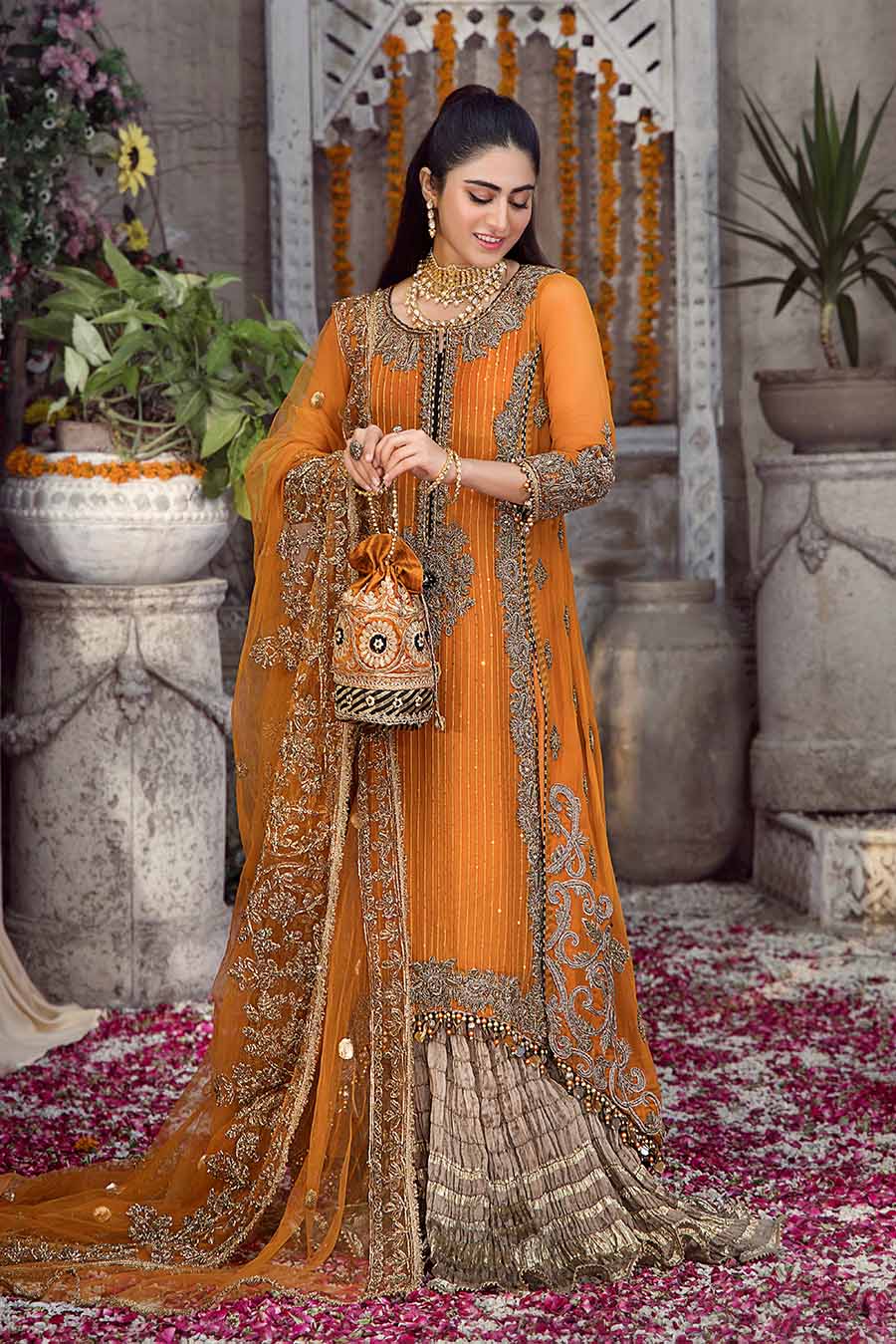 Hand Embroidered Shirt with Dupatta and Sharara Lehenga - Orange new