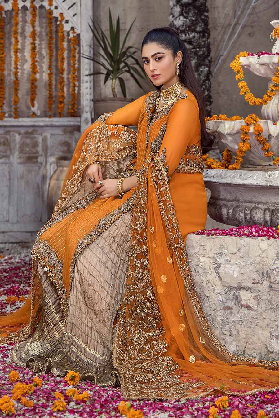 Hand Embroidered Shirt with Dupatta and Sharara Lehenga - Orange - side view