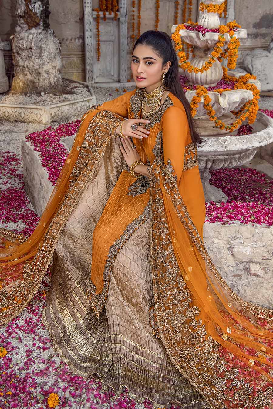 Hand Embroidered Shirt with Dupatta and Sharara Lehenga - Orange - Closeup view