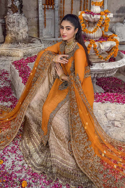 Hand Embroidered Shirt with Dupatta and Sharara Lehenga - Orange - Closeup view