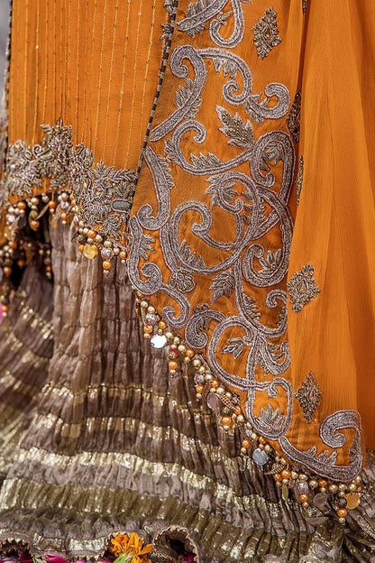 Hand Embroidered Shirt with Dupatta - Orange - detailed embroidery 