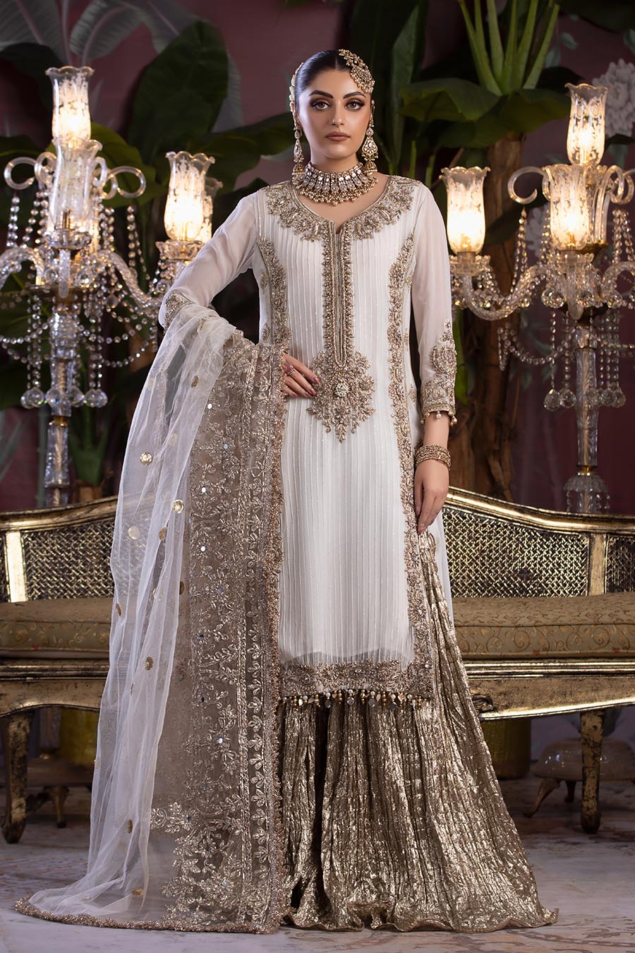 Hand Embroidered Shirt with Dupatta and Sharara Lehenga