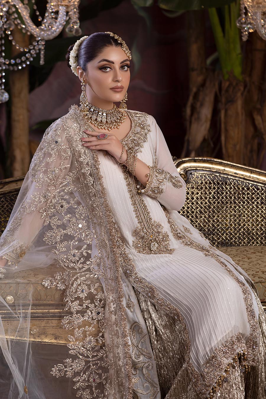 Hand Embroidered Shirt with Dupatta - white Mahaba Studio USA