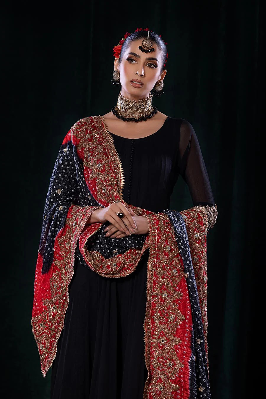 Hand embroidered sharara suit with dupatta in pure chiffon