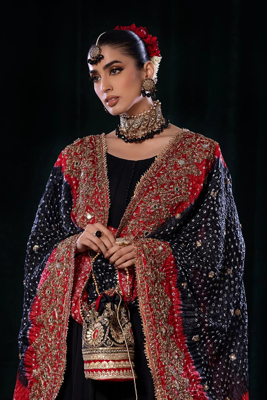 Elegant hand-embroidered sharara suit with silk chunnari dupatta