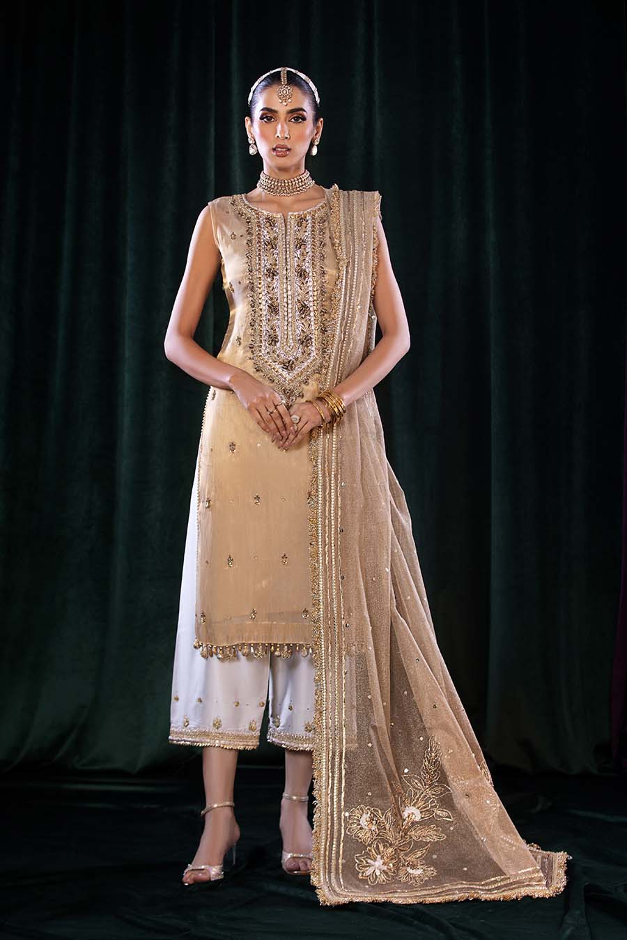 Full-length view of Banarsi Net dupatta with Gotta work