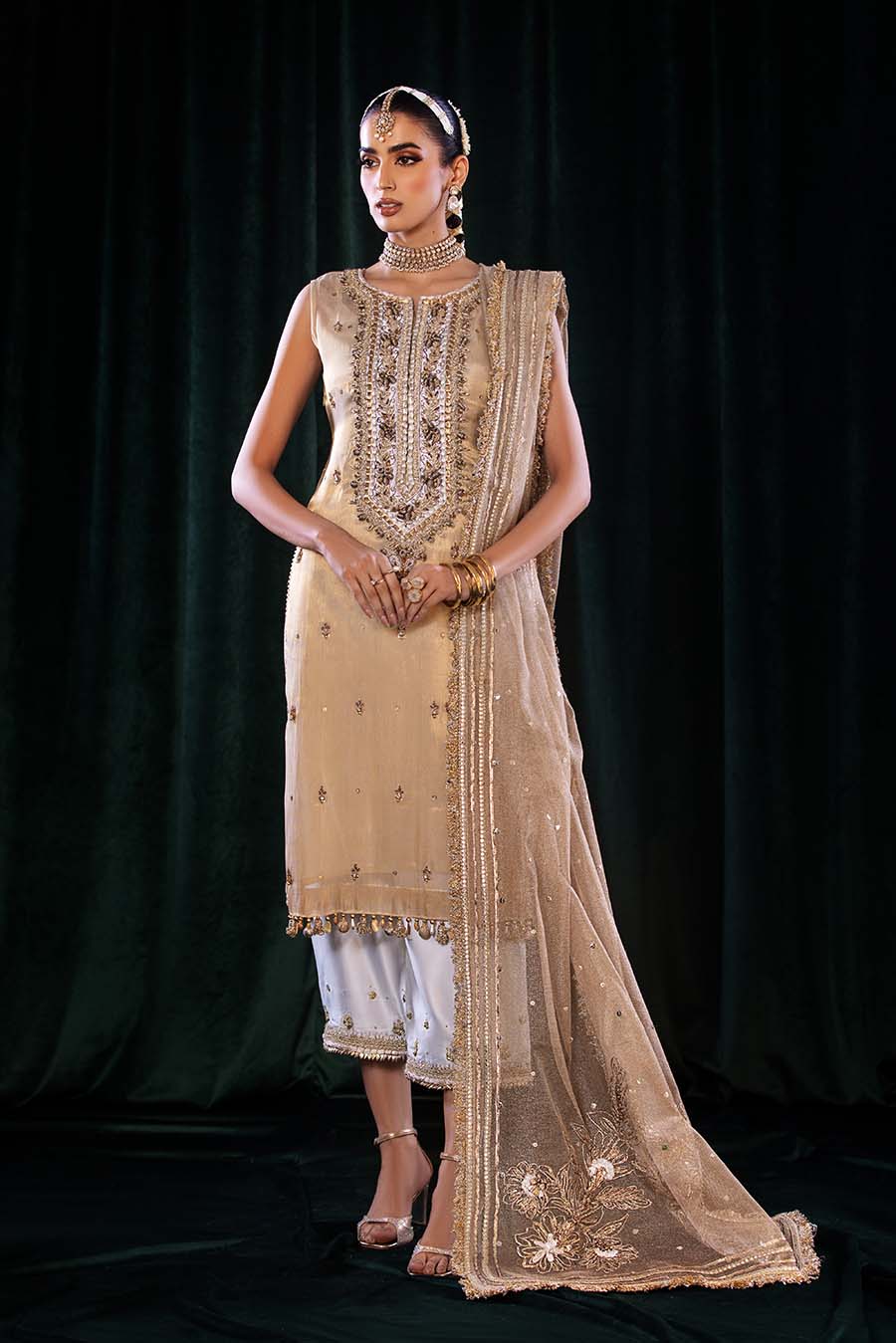 Front view of hand-embellished Pure Mesuri shirt with Banarsi Net dupatta