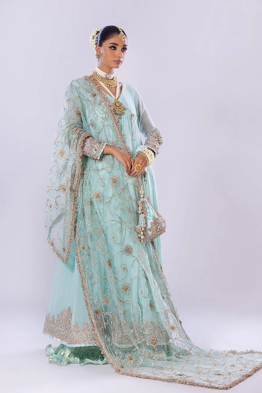 Full view of model in Turquoise Sharara suit with dupatta