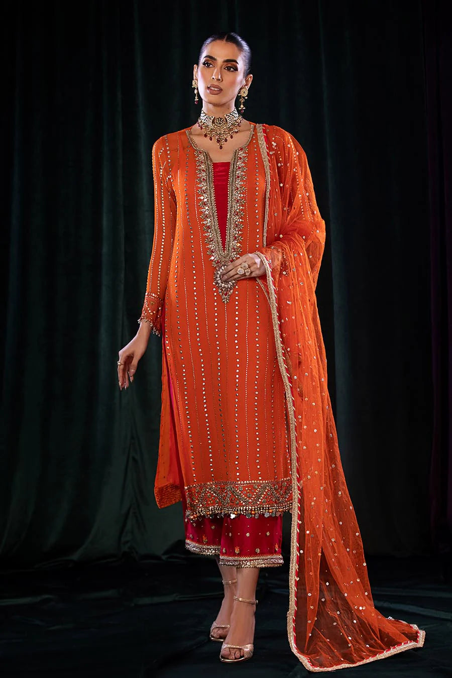 Side profile showing embroidered dupatta drape