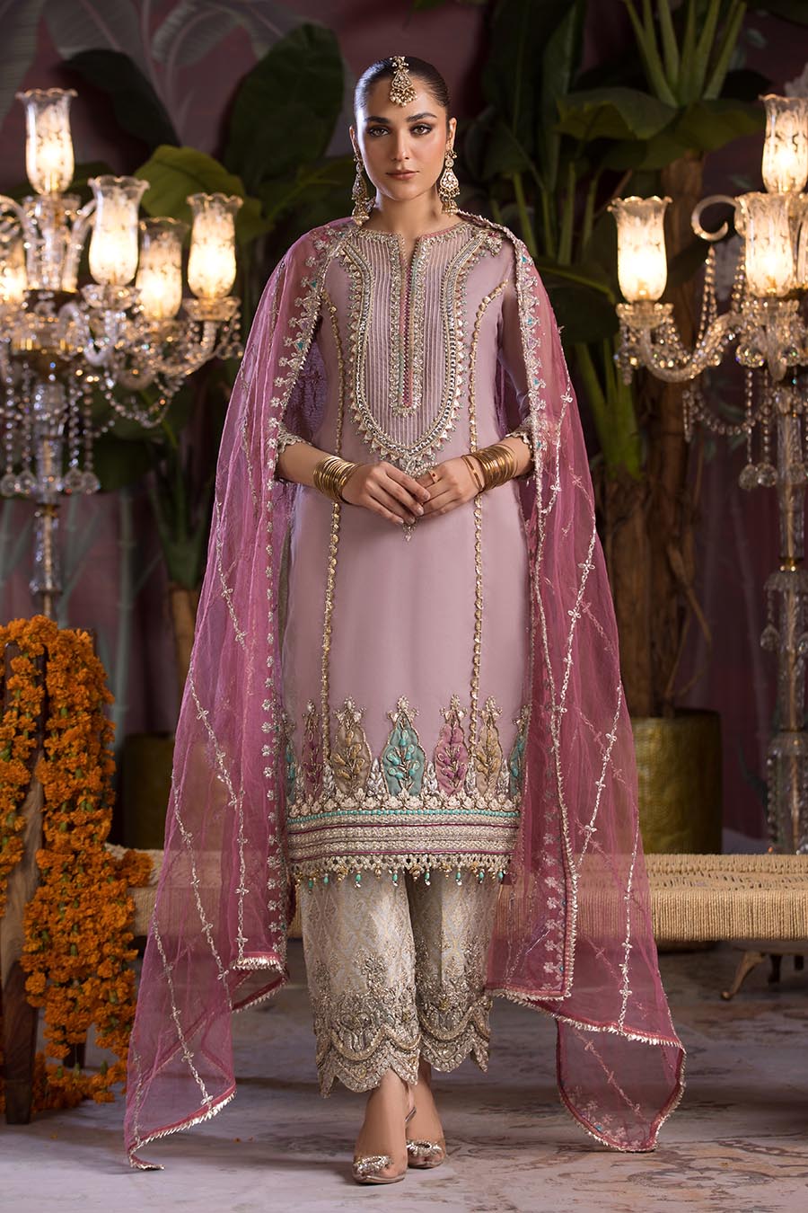 Front view of Hand Embroidered Organza suit with dupatta