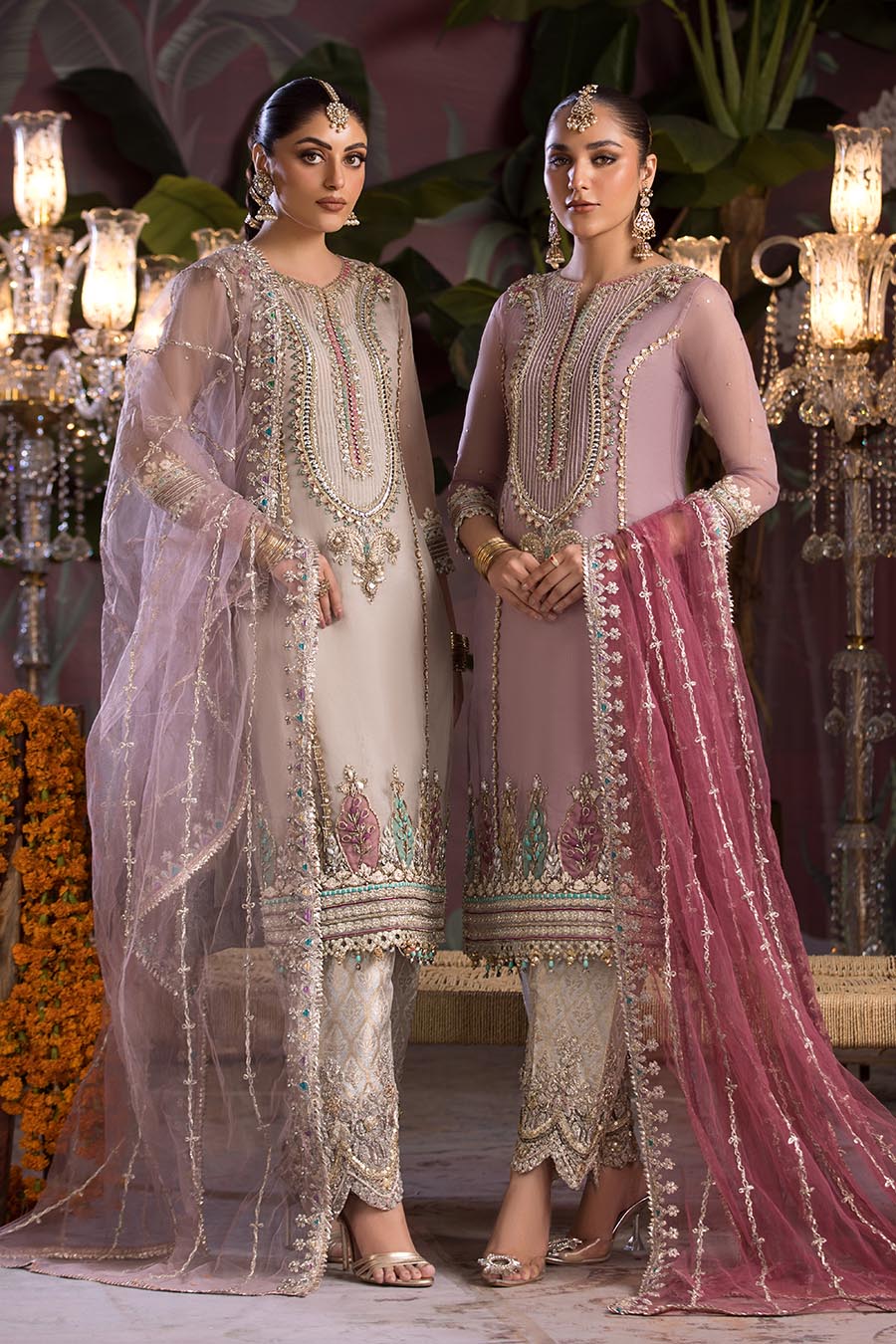 Model wearing Organza suit with Jamawar shalwar