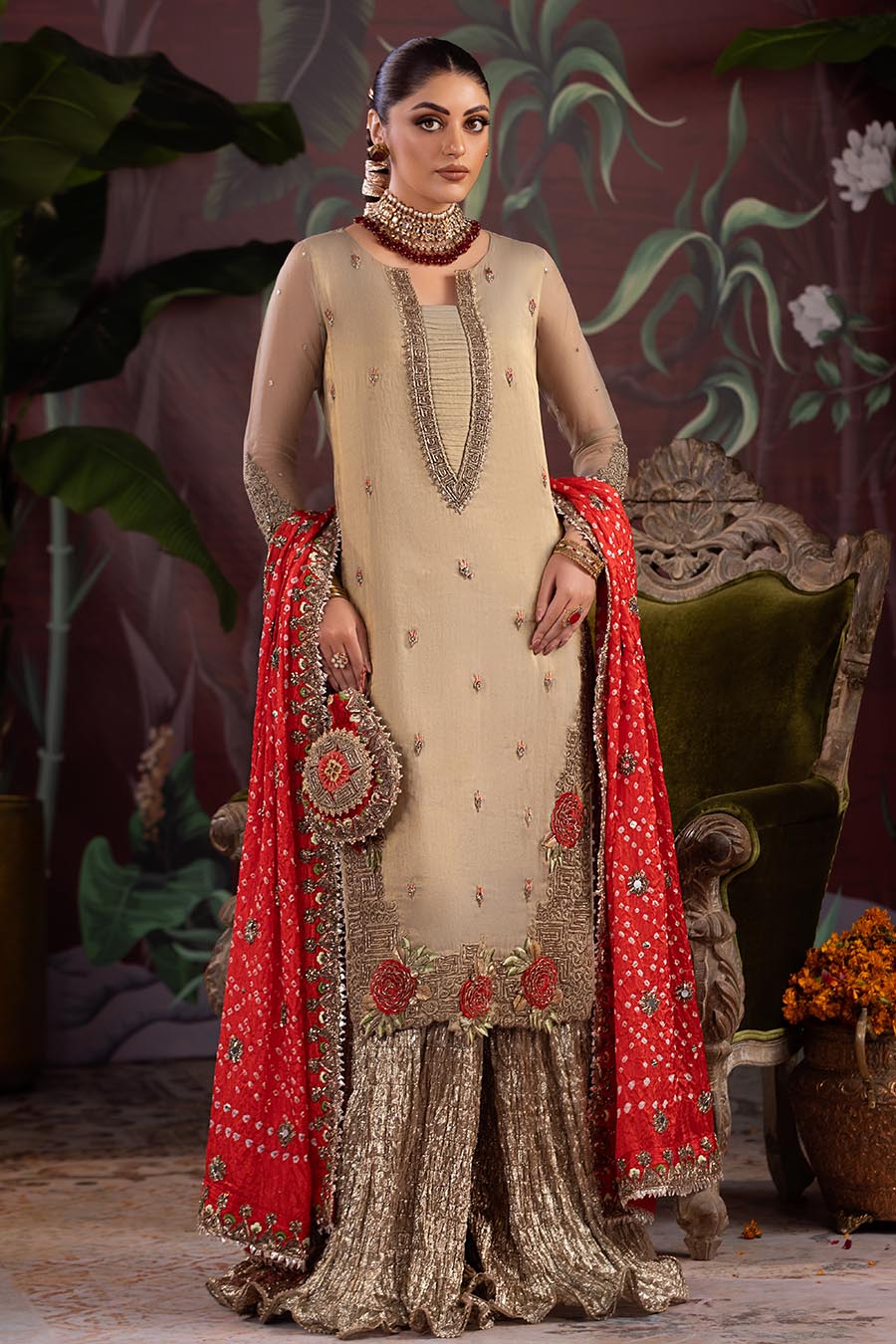 Front view of Golden Brown Hand Embroidered Mesuri suit with dupatta