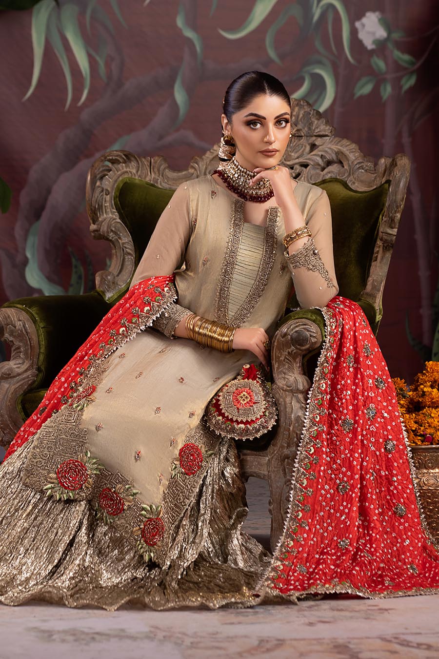 Model wearing the Golden Brown suit with draped dupatta