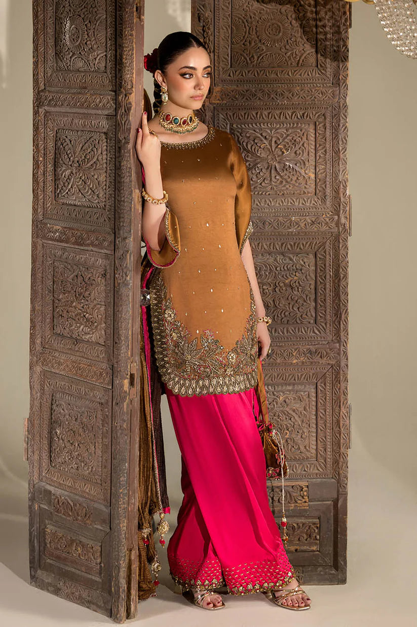 P-295 - Mustard and Red Farshi Salwar Kameez - Embroidered