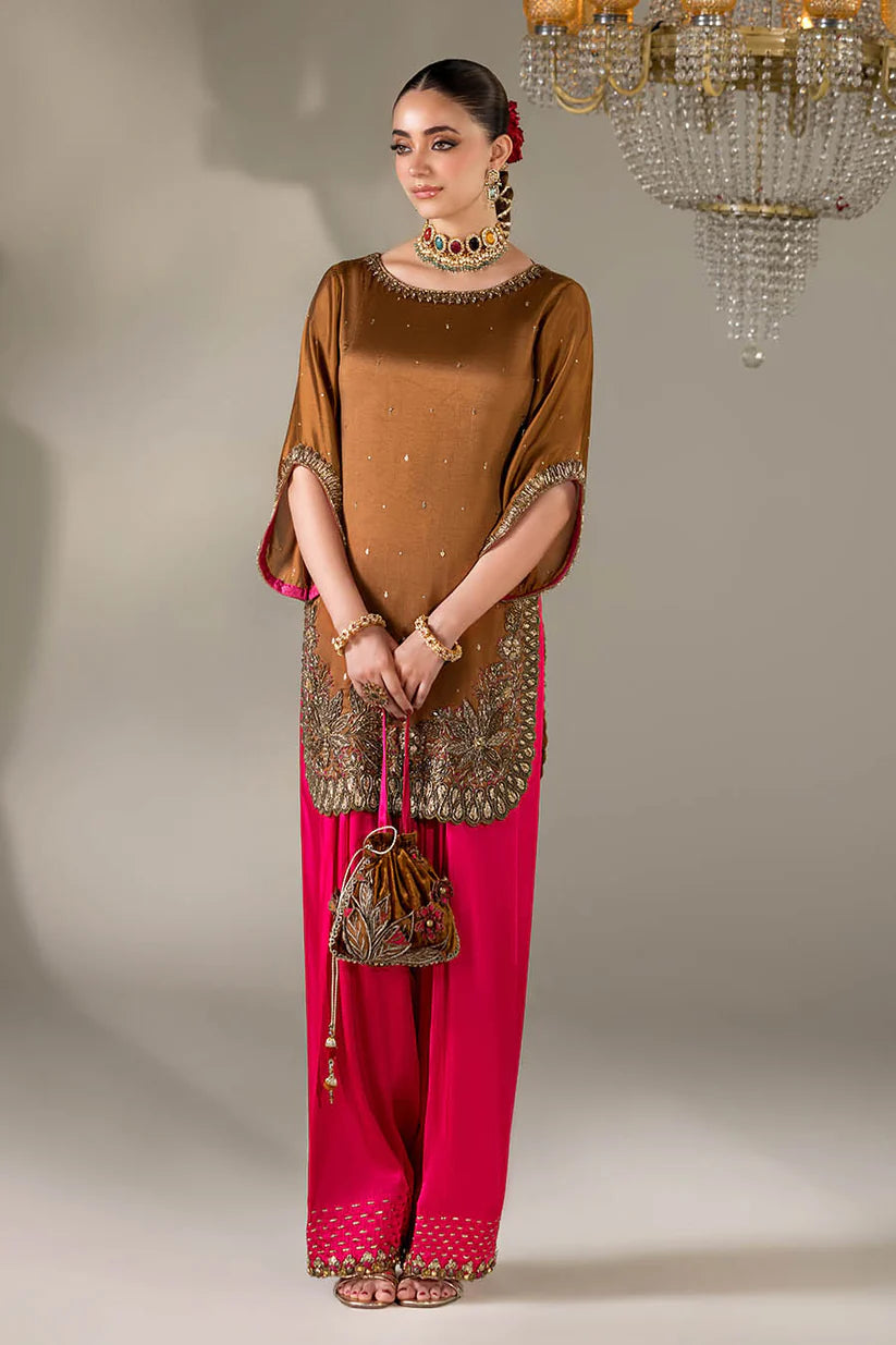 P-295 - Mustard and Red Farshi Salwar Kameez - Embroidered