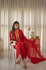 MSP 301 - Red Farshi Silk 3-Piece Outfit