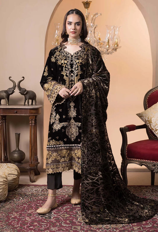 Plachi-4230 Stitched Embroidered Velvet Salwar Kameez with Velvet Shawl