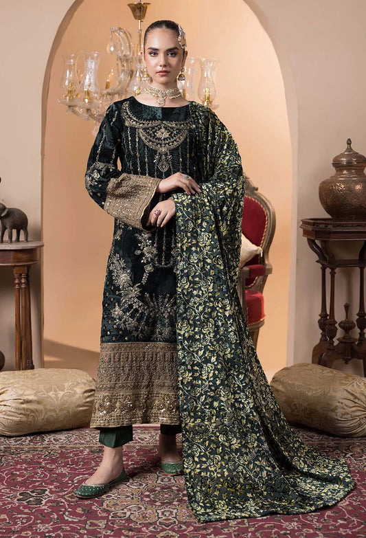 Plachi-4231 Stitched Embroidered Velvet Salwar Kameez with Velvet Shawl