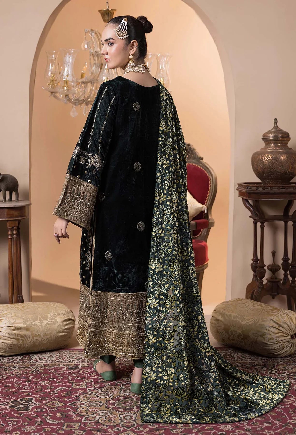 back view of Stitched Embroidered Velvet Salwar Kameez with Velvet Shawl