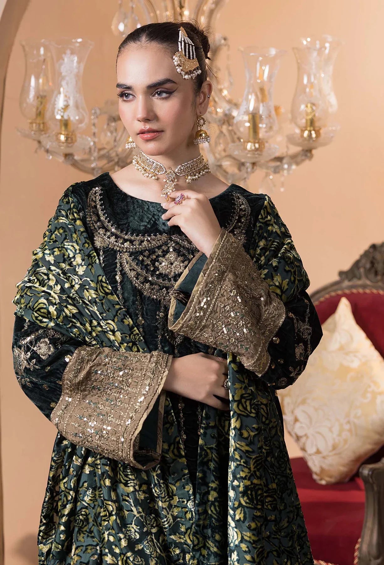 closeup view of Stitched Embroidered Velvet Salwar Kameez with Velvet Shawl