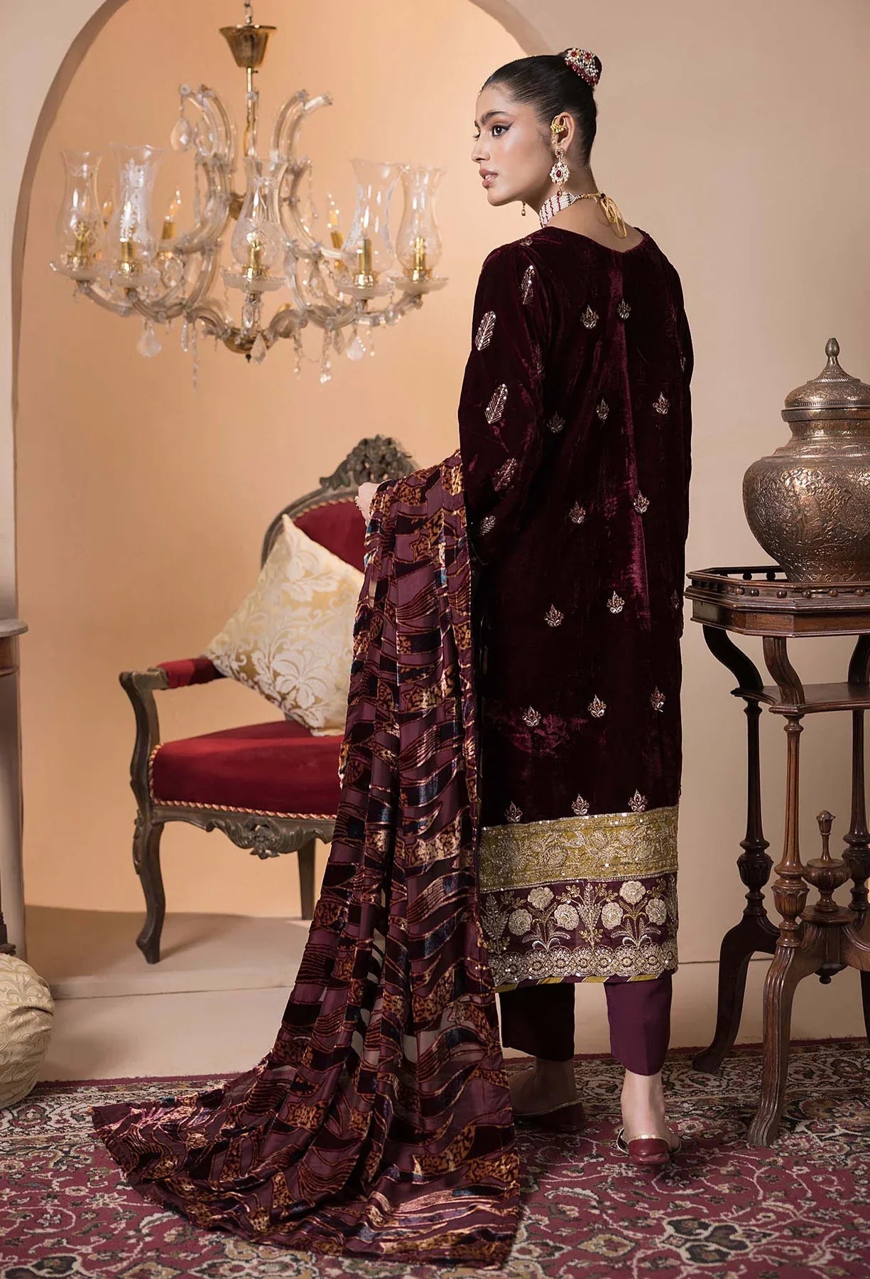 back view of Plachi-4232 Stitched Embroidered Velvet Salwar Kameez with Velvet Shawl