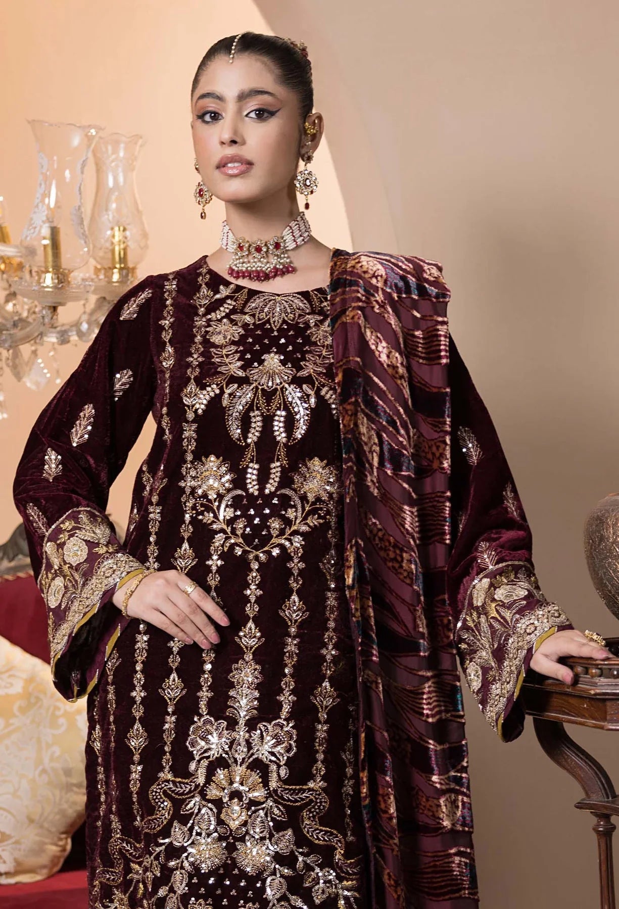 detailed view of Plachi-4232 Stitched Embroidered Velvet Salwar Kameez with Velvet Shawl