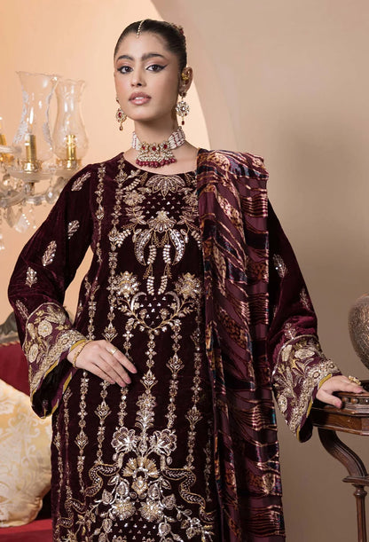 detailed view of Plachi-4232 Stitched Embroidered Velvet Salwar Kameez with Velvet Shawl