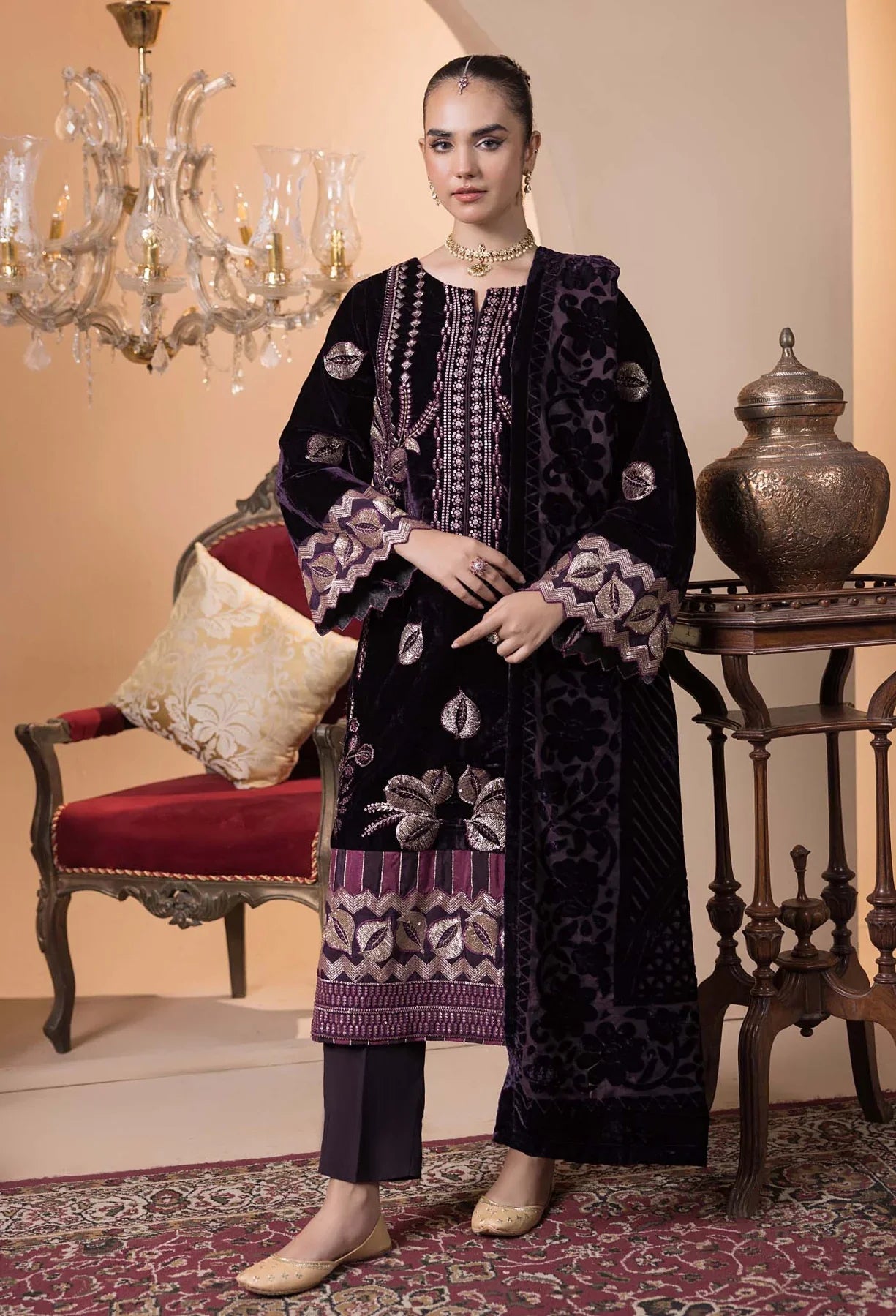 Plachi-4233 Stitched Embroidered Velvet Salwar Kameez with Velvet Shawl