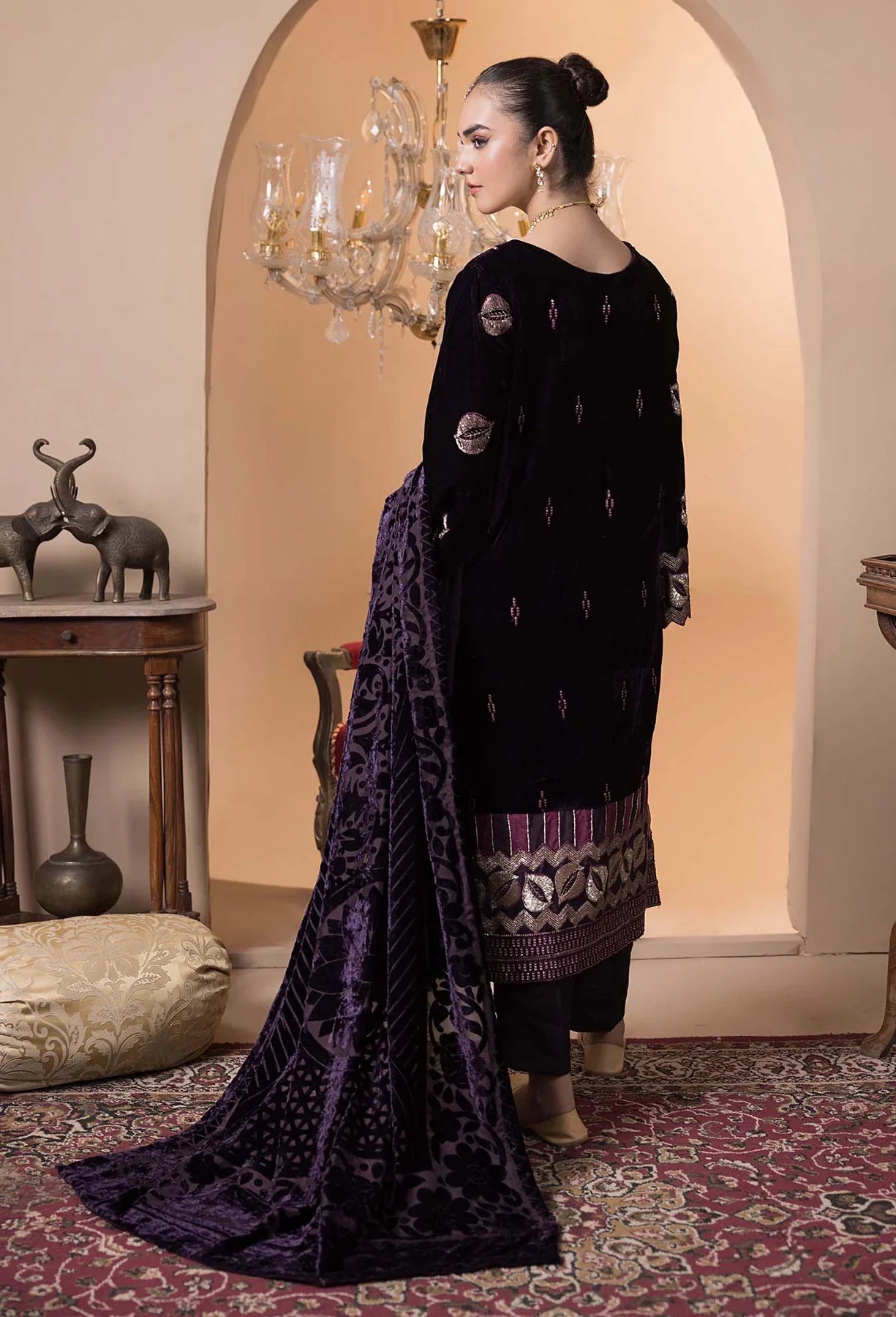 back view of Plachi-4233 Stitched Embroidered Velvet Salwar Kameez with Velvet Shawl