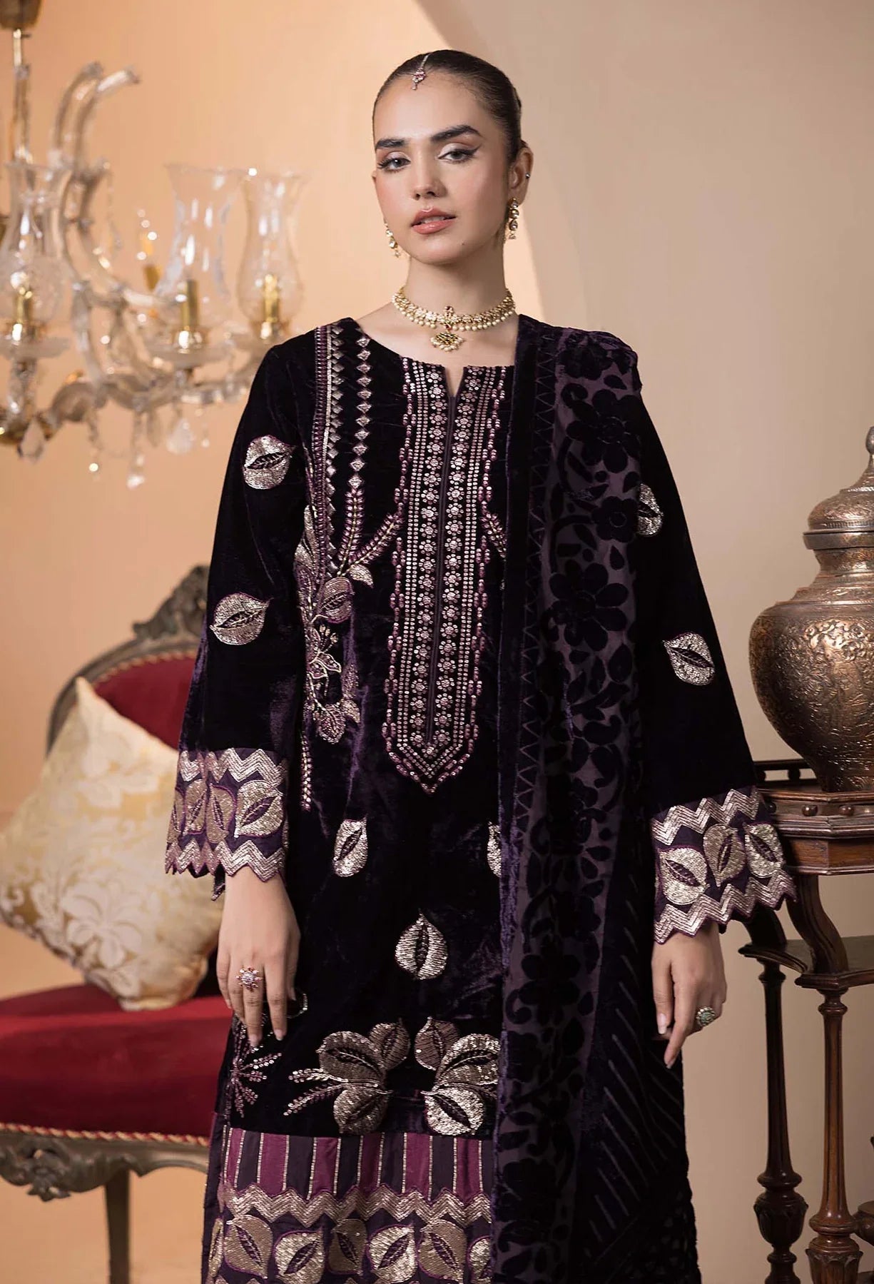 close view of Plachi-4233 Stitched Embroidered Velvet Salwar Kameez with Velvet Shawl