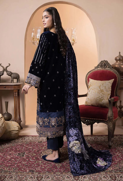 back view of Plachi-4234 Stitched Embroidered Velvet Salwar Kameez with Velvet Shawl