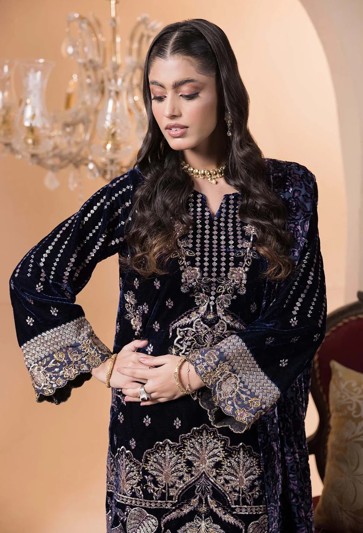 close view of Plachi-4234 Stitched Embroidered Velvet Salwar Kameez with Velvet Shawl