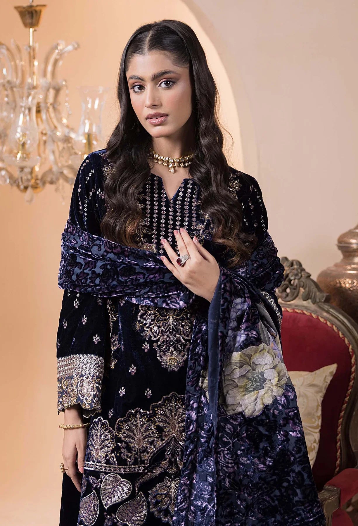 stitched Embroidered Velvet Salwar Kameez with Velvet Shawl