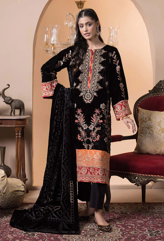 Plachi-4235 Stitched Embroidered Velvet Salwar Kameez with Velvet Shawl