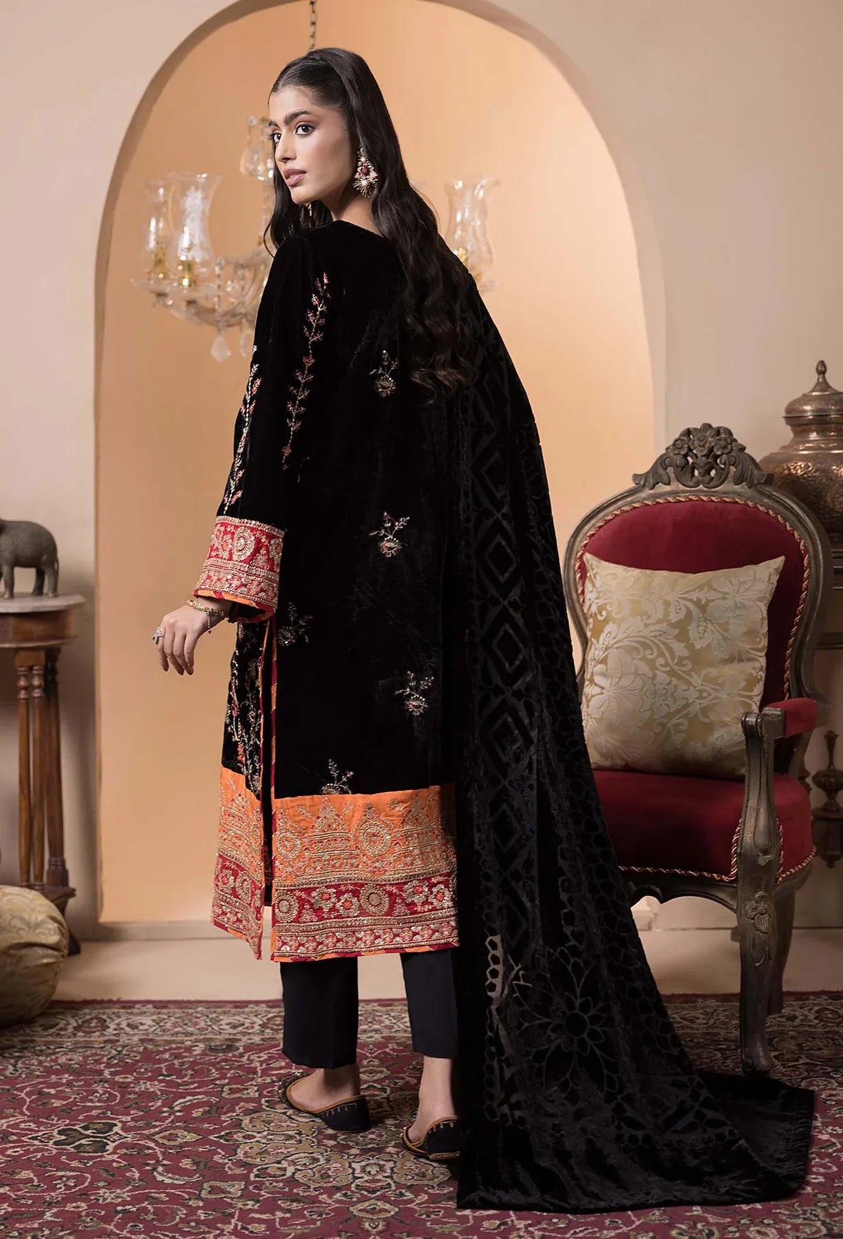 back view of Stitched Embroidered Velvet Salwar Kameez with Velvet Shawl