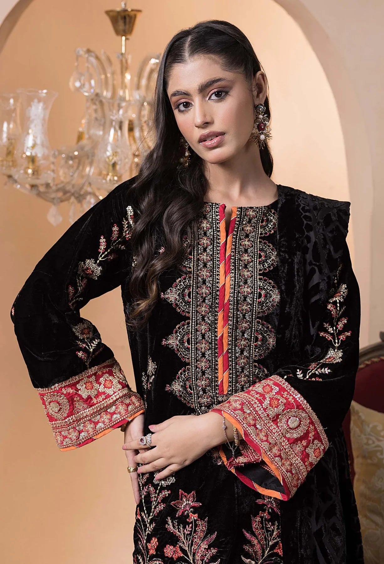 front view of Stitched Embroidered Velvet Salwar Kameez with Velvet Shawl