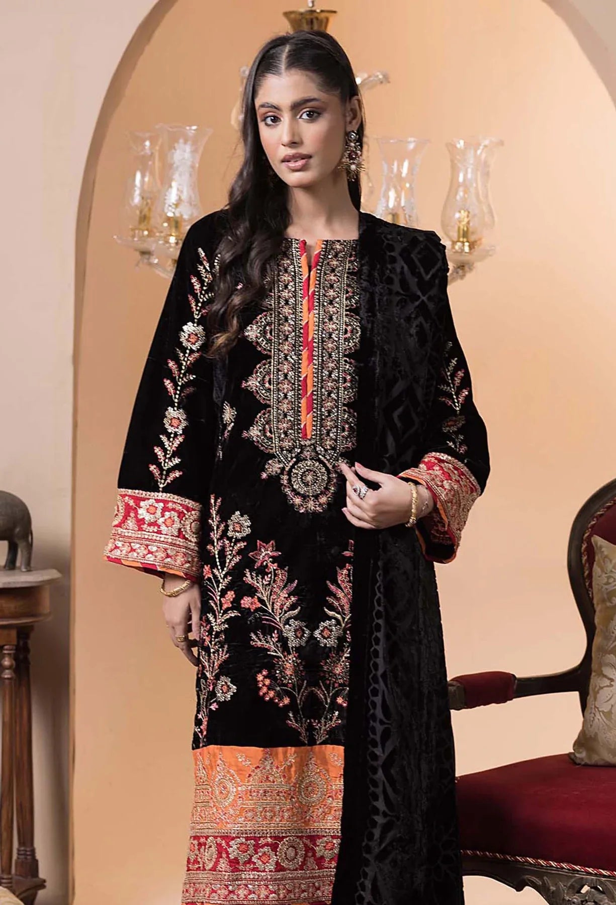 detailed view of Stitched Embroidered Velvet Salwar Kameez with Velvet Shawl