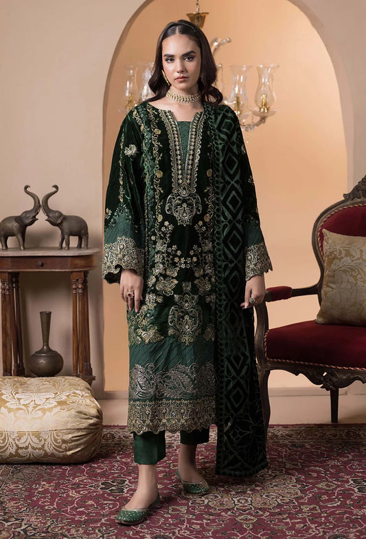 Plachi-4236 Stitched Embroidered Velvet Salwar Kameez with Velvet Shawl