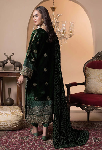 Green embroidered velvet salwar kameez with shawl, Mahaba Studio USA