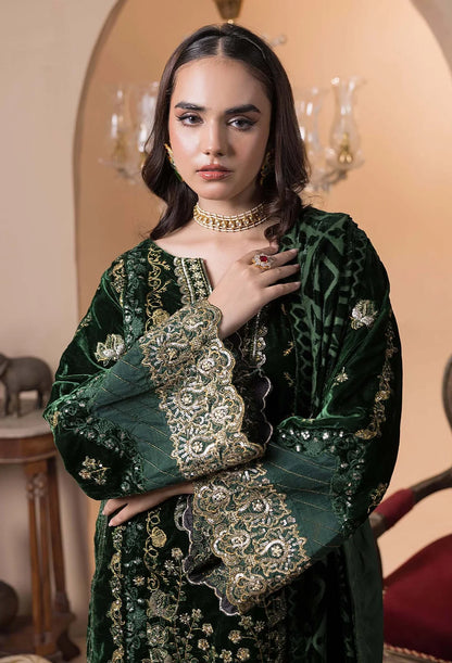 Luxury green velvet salwar kameez with embroidered velvet shawl